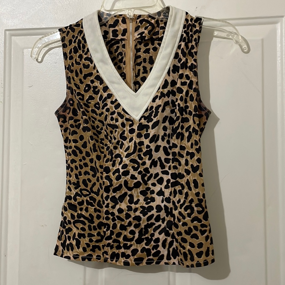 Vintage leopard nylon sleeveless top. Metal zipper, small.